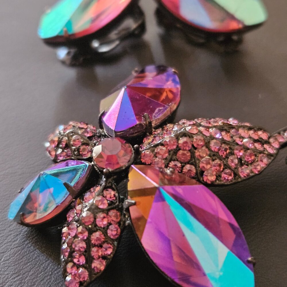 Vintage Hollycraft Rhinestone Flower Brooch & Earring Set - Picture 8 of 10